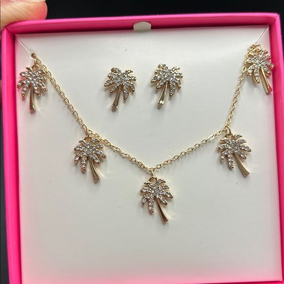 NEW Lilly Pulitzer Necklace Earring Set Gold Crystal Sparkling Palm Trees - Picture 4 of 7